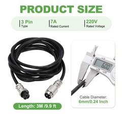 9.9ft GX16 3 Pin Cable Male to Female Head Aviation Cordset 22AWG Black