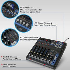Pyle 6-Channel Professional Audio Mixer- USB, Bluetooth, 48V Phantom Power