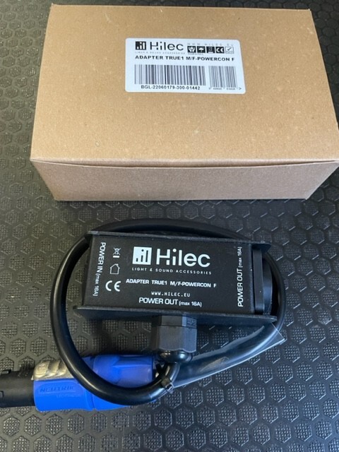 Adapter with Powercon True1 Male and Female and a Powercon Blue outlet