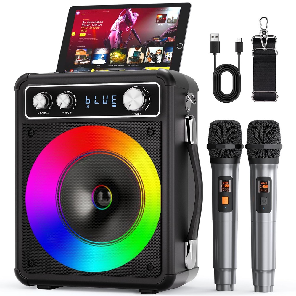 VOSOCO Karaoke Machine with 2 Wireless Microphones, T03-2 MICS, Black