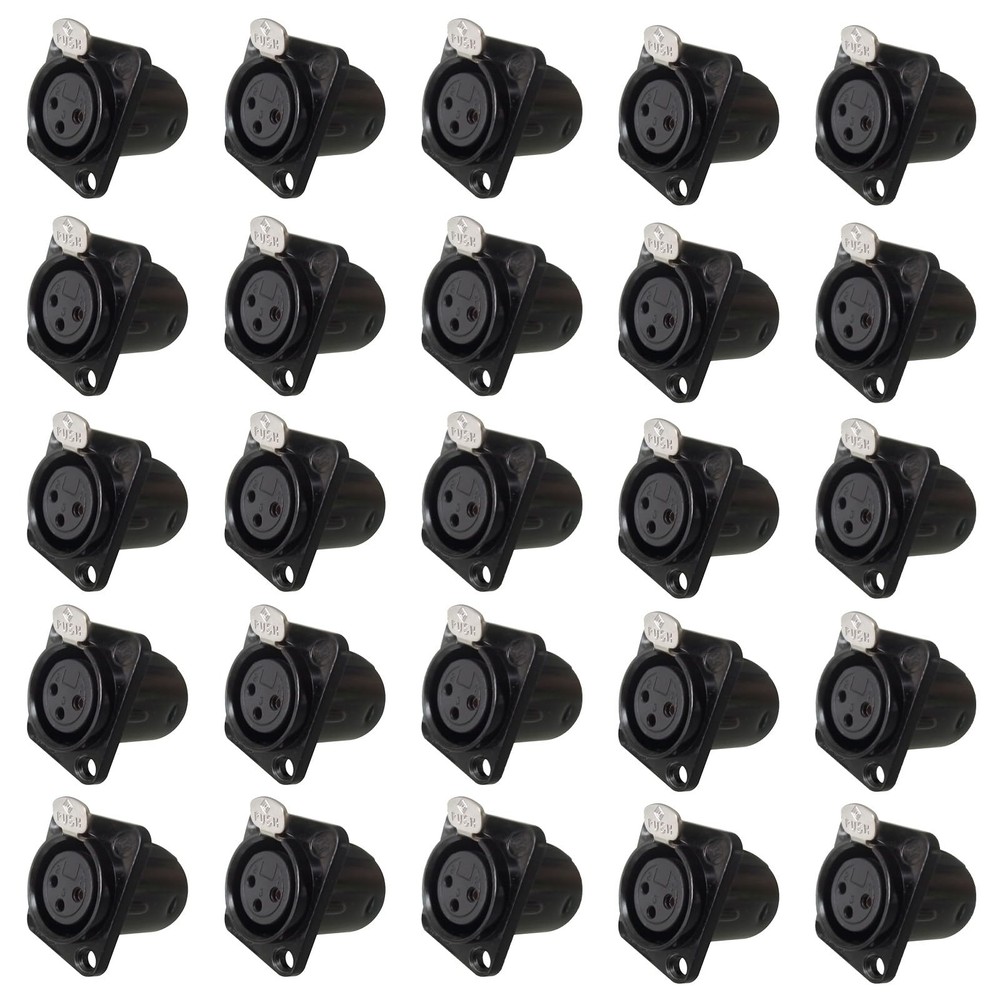 25 Pack Black XLR Panel Mount Chassis 3Pin Female Nickel Plated 24K Gold