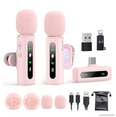 Wireless Lavalier Microphone USB C Clip On with Noise Reduction Pink for Vlog