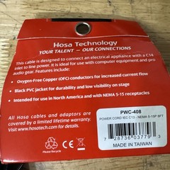 Hosa PWC-408 IEC Power Cord, 14 AWG, IEC C13 to NEMA 5-15P – 8 Foot