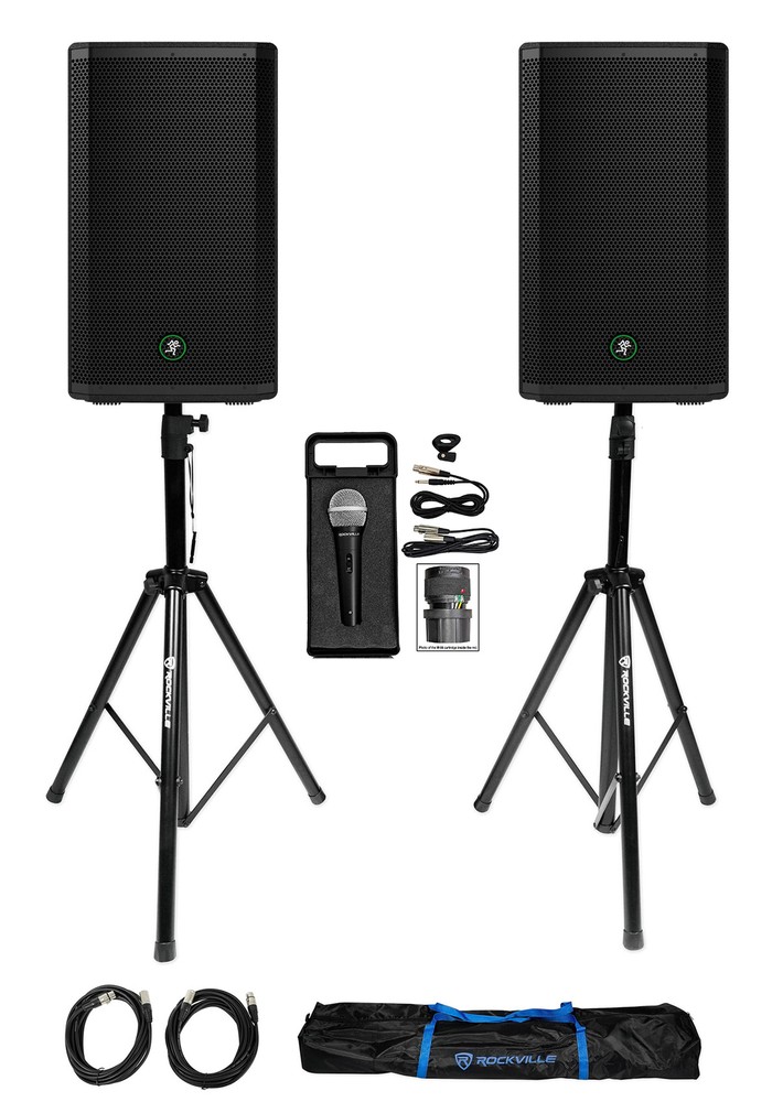 2 Mackie Thrash212 12″ 1300W Powered DJ PA Speakers+Stands+Microphone Thrash 212