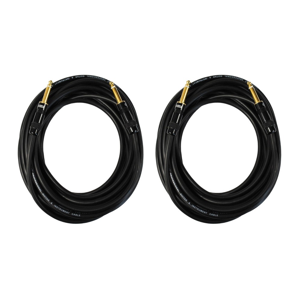 Audio2000 C09025 25 Ft 1/4″ TS Guitar Instrument Cable 2 Pack Pair Black 22AWG