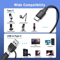 2 in 1 USB Microphone Cable USB C & A to Type C 5ft for DM30 DM40 PD100W