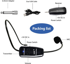 UHF Wireless Headset Microphone: Cordless Head Mic System, USB-C Charging Microp