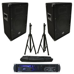 (2) Harmony Audio HA-V10P DJ 10″ 300W PA Speaker Peavey IPR2 2000 Cables Stands