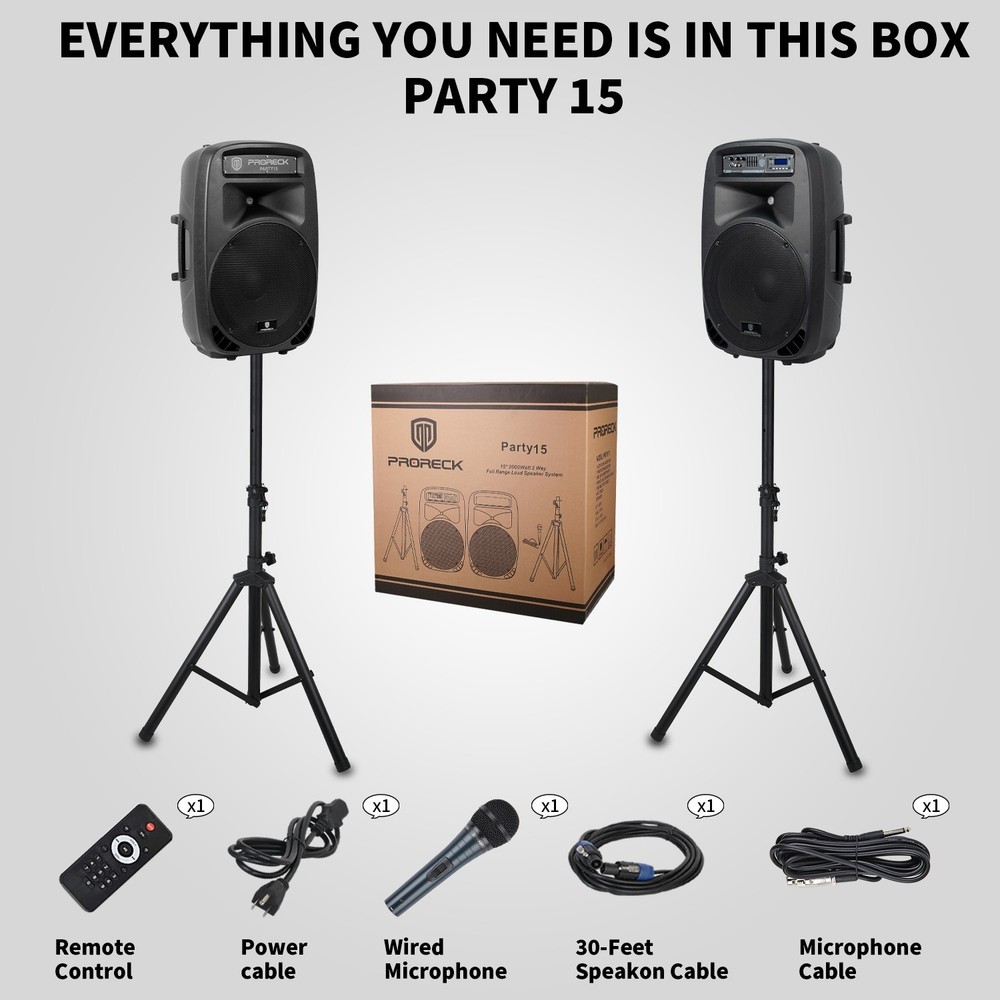 PRORECK PARTY 15 PA Speaker System 2000W Powered DJ Bluetooth USB SD LED Light