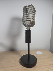 Vintage Style Desktop Microphone Prop with Stand, Silver, Black, Classic Design