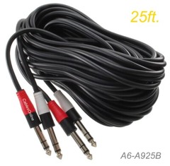 25ft Dual 1/4″ Stereo TRS Male to Male Shielded Instrument Pro Audio Cable