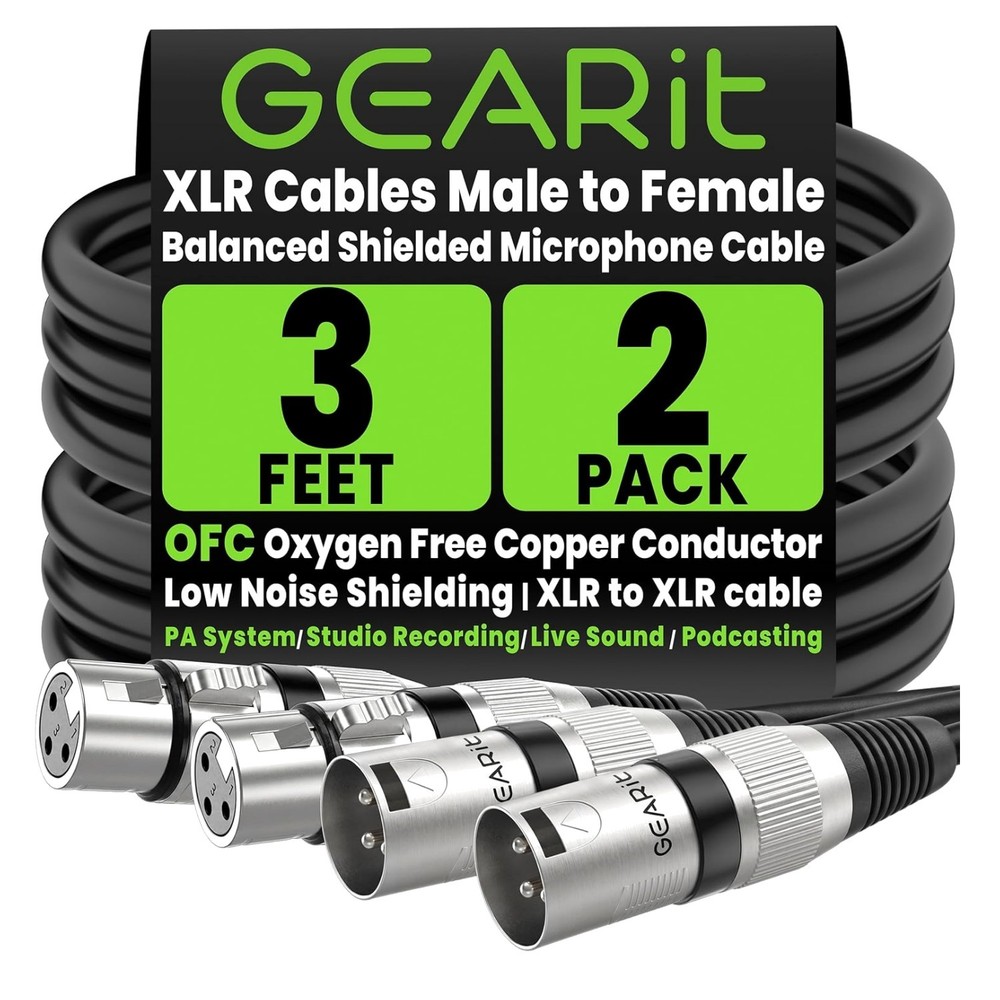 2-Pack 3ft XLR Cable: High-Speed Shielded Mic Cable for Reliable Connections
