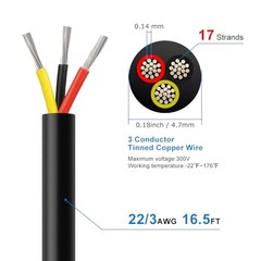 22 Gauge 3 Conductor Electrical Wire, 16.5FT 2464 22AWG 3 16.5 FT 22 AWG-3C