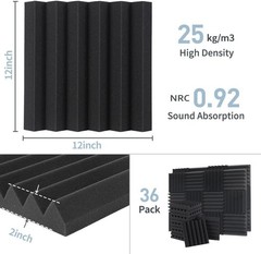 36 Pack 12x12x2in Acoustic Foam Panels Soundproof Wedge Studio Black