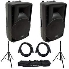 Harmony HA-C10A 10″ Powered PA Speakers Pair + Stands & 15′ XLR Cables Combo