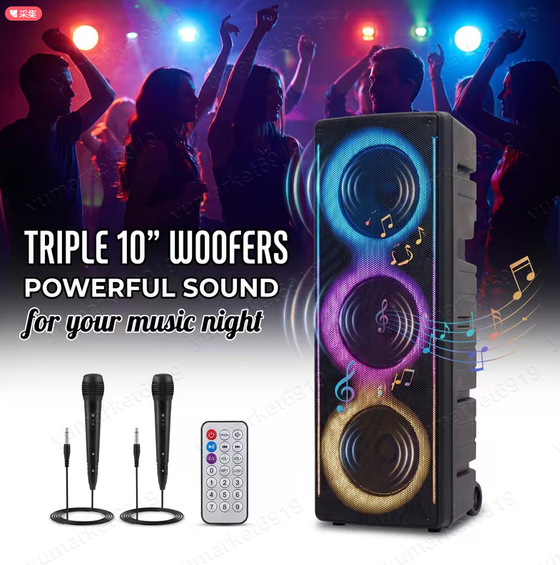 Triple 10″ Bluetooth Party Speaker Loud Heavy Bass System w/2 Mics TWS AUX FM TF