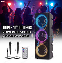 Triple 10″ Bluetooth Party Speaker Loud Heavy Bass System w/2 Mics TWS AUX FM TF