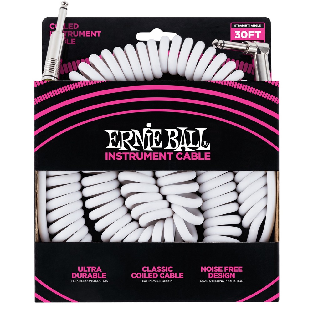Ernie Ball 30′ Coiled Straight / Angle Instrument Cable – White
