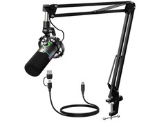 Micrófono dinámico XLR/USB RGB con brazo y control de ganancia, ideal streaming