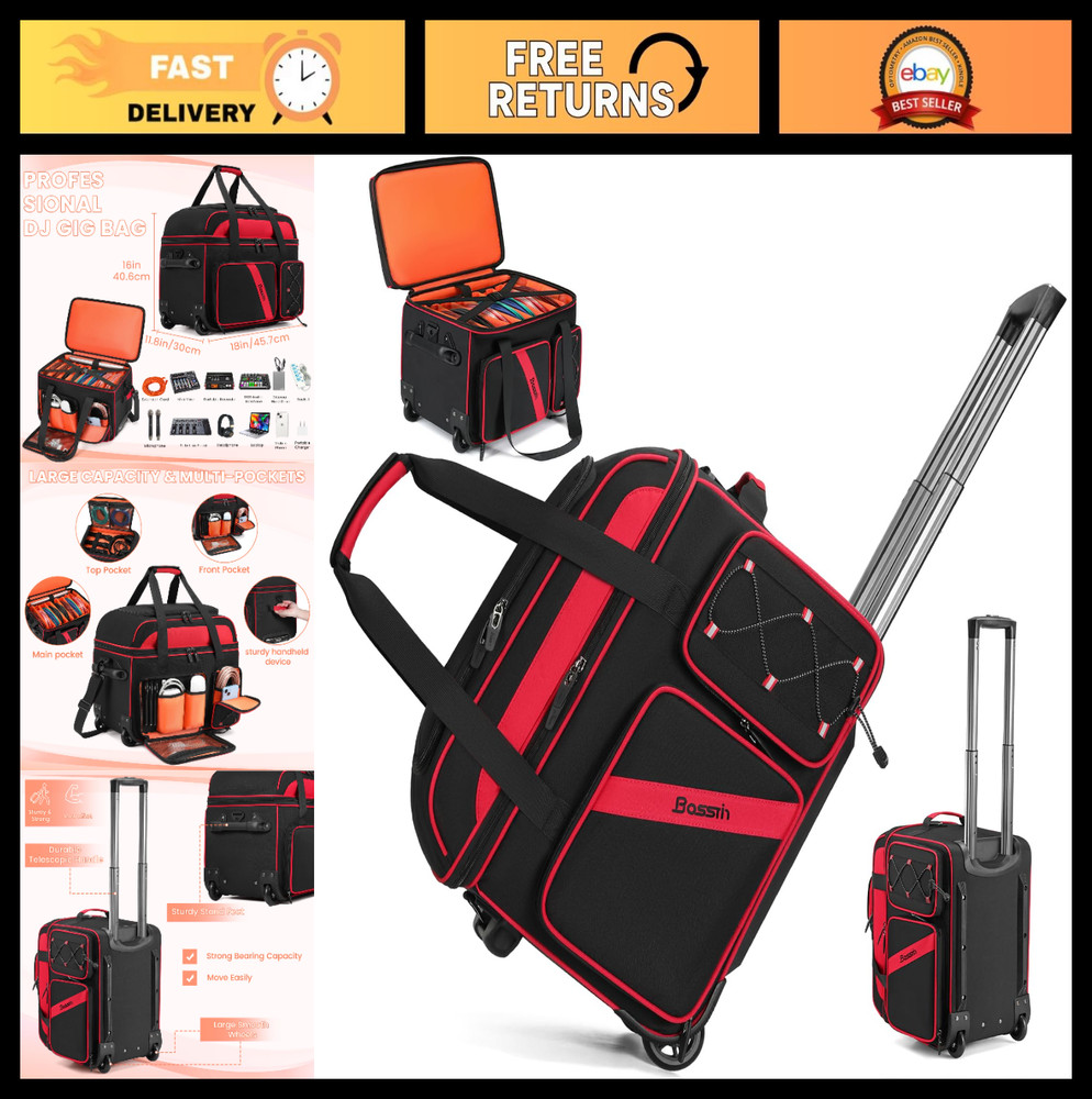 Rolling DJ Cable Bag with Wheels, Padded Gig Case for 15.6″ Laptop & Gear, Multi