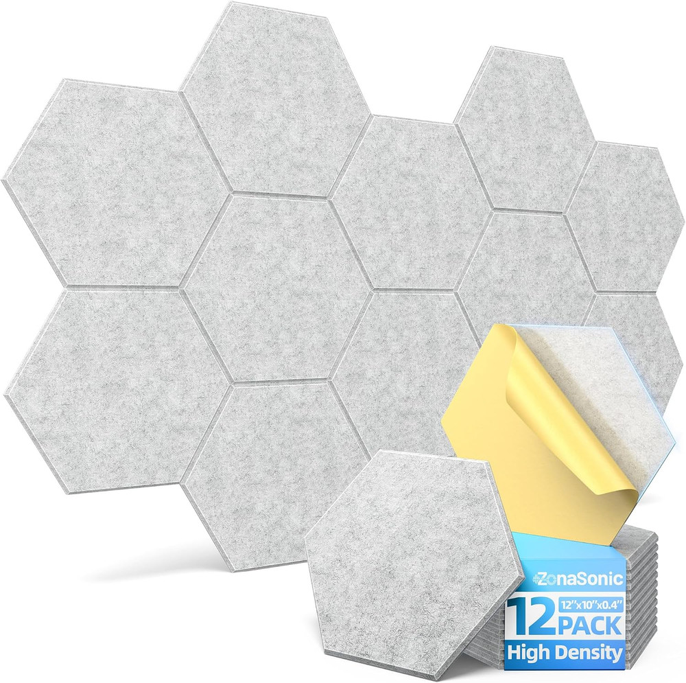 12 Pack Hexagon Acoustic Panels with Self-Adhesive, 12″ X 10″ X 0.4″ Sound