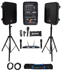 JBL EON208P 8″ Bluetooth Speakes+Stands+Mixer+(2) Wireless UHF Microphones