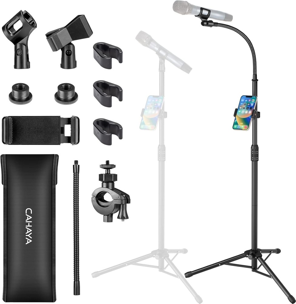 Dual Use Tripod Microphone Stand with Phone Holder Gooseneck Floor Mic