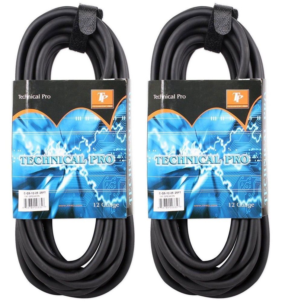(2) Technical Pro CQS-1225 25′ Ft 12 Gauge 1/4“ to Speakon Pro Speaker Cables