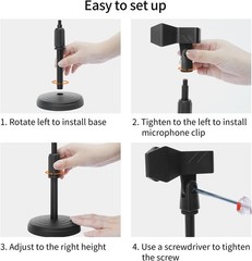 Compact Desk Mic Stand – Adjustable Height 9.6-13.9in, Max 1.7in Diameter, Black
