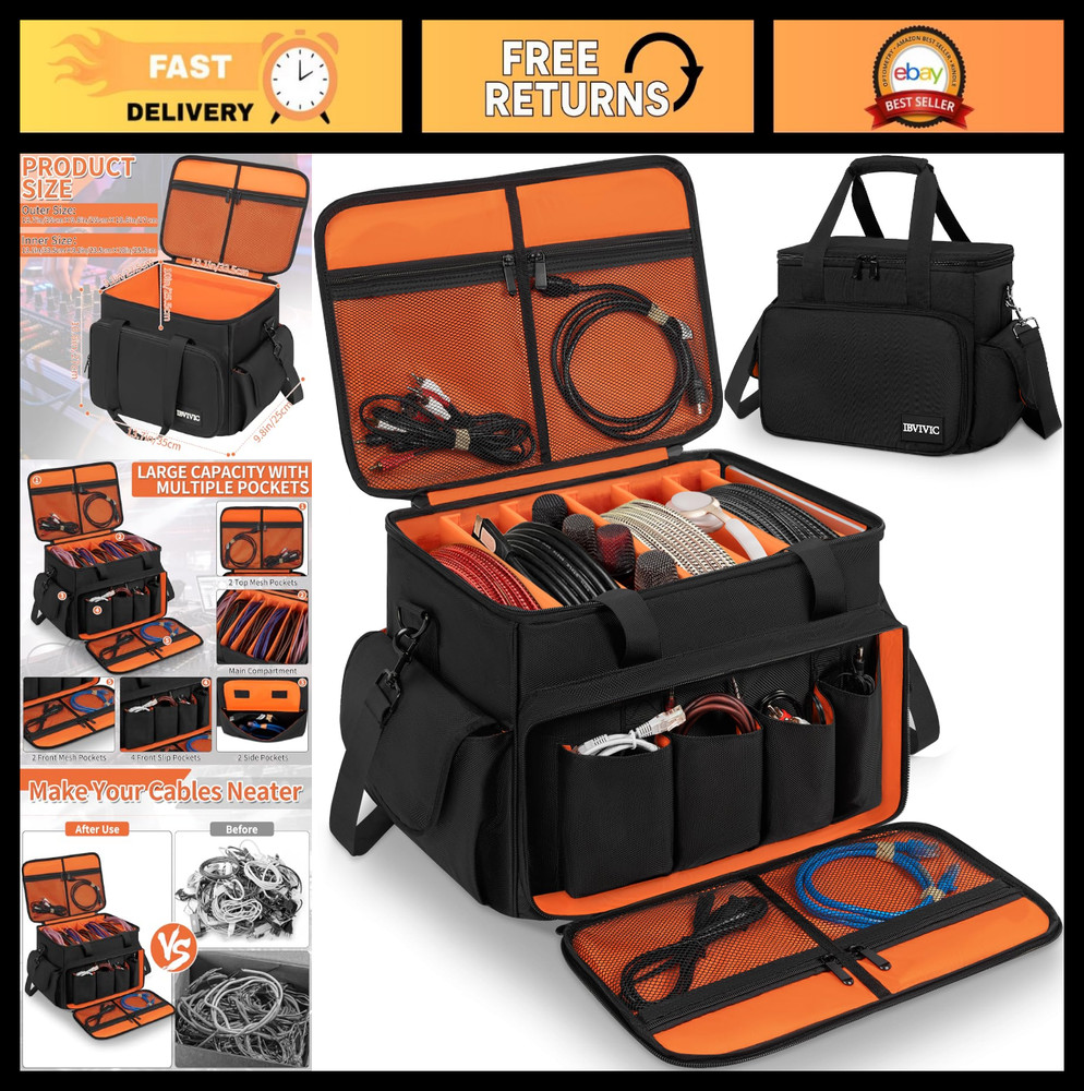 High Capacity DJ Cable Bag with 6 Dividers – Organize Cords & Accessories
