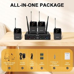 MELONARE 4-Channel Wireless Microphone System UHF 4 Bodypack Mics In Black