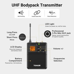 TONOR UHF Wireless Microphone System with Headset Lavalier Lapel Mic