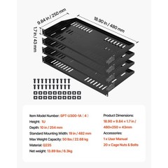 Steel 1U Server Rack Shelf 10in Deep, 50lb Capacity, Vented Design