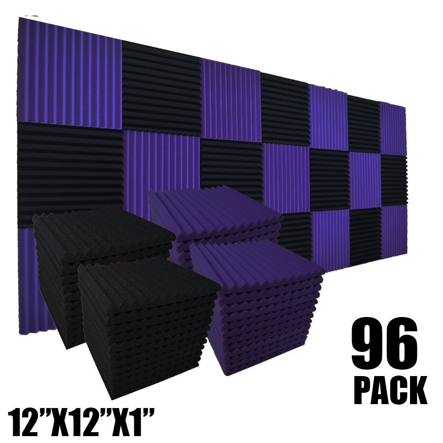 96 PACK 12″X12″X1″ Acoustic Foam Panel Wedge Studio Wall Tiles Black Purple