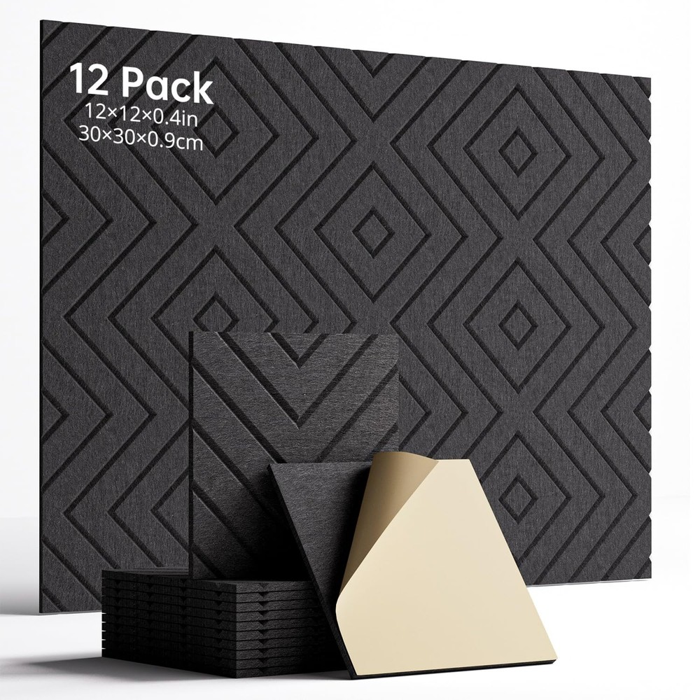 Woovio Sound Proof Foam Panels for Walls, 12 Pack 12 Pack, Black