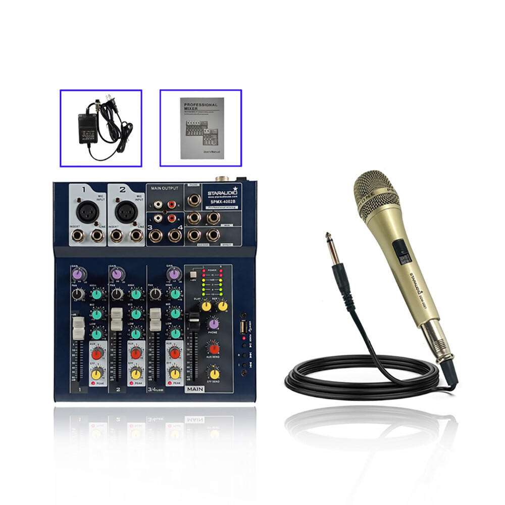 4-Channel Audio Mixer Live Studio Mixing Sound Console Unidirectional Microphone