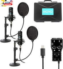 Movo iPhone Podcast Equipment Bundle 2 Pack Condenser Microphones 2 Desktop Mic