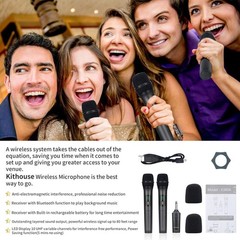 Kithouse K380A Wireless Microphone Dual Black Handheld Mics Bluetooth 1/4in TS