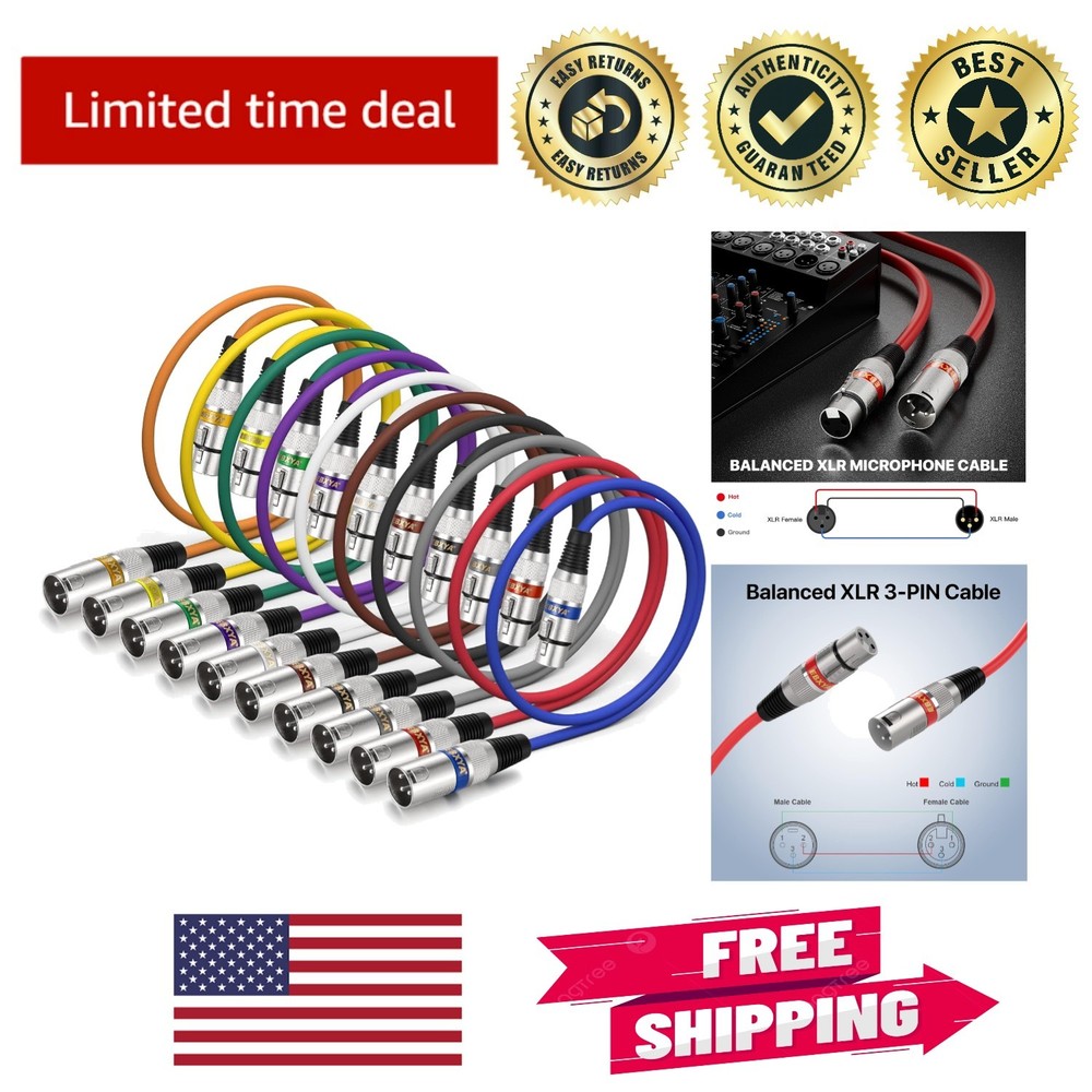 Versatile 2ft XLR Cable 10 Pack – Color-Coded 3 Pin Male to Female Connections