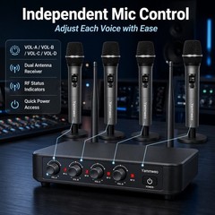 4 Channel UHF Wireless Microphone System, Low Latency, Anti-Howling