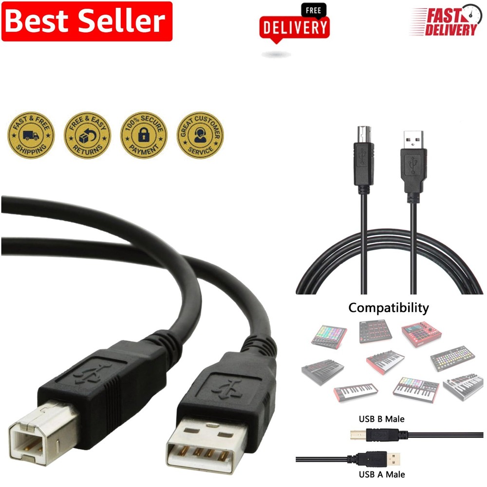 5 Feet USB B MIDI Keyboard Cable for Seamless Music Production – Male-to-Male