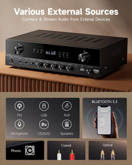 Stereo Audio Amplifier, 600W Peak 2 Channel Receiver with Bluetooth 5.3, Phono,