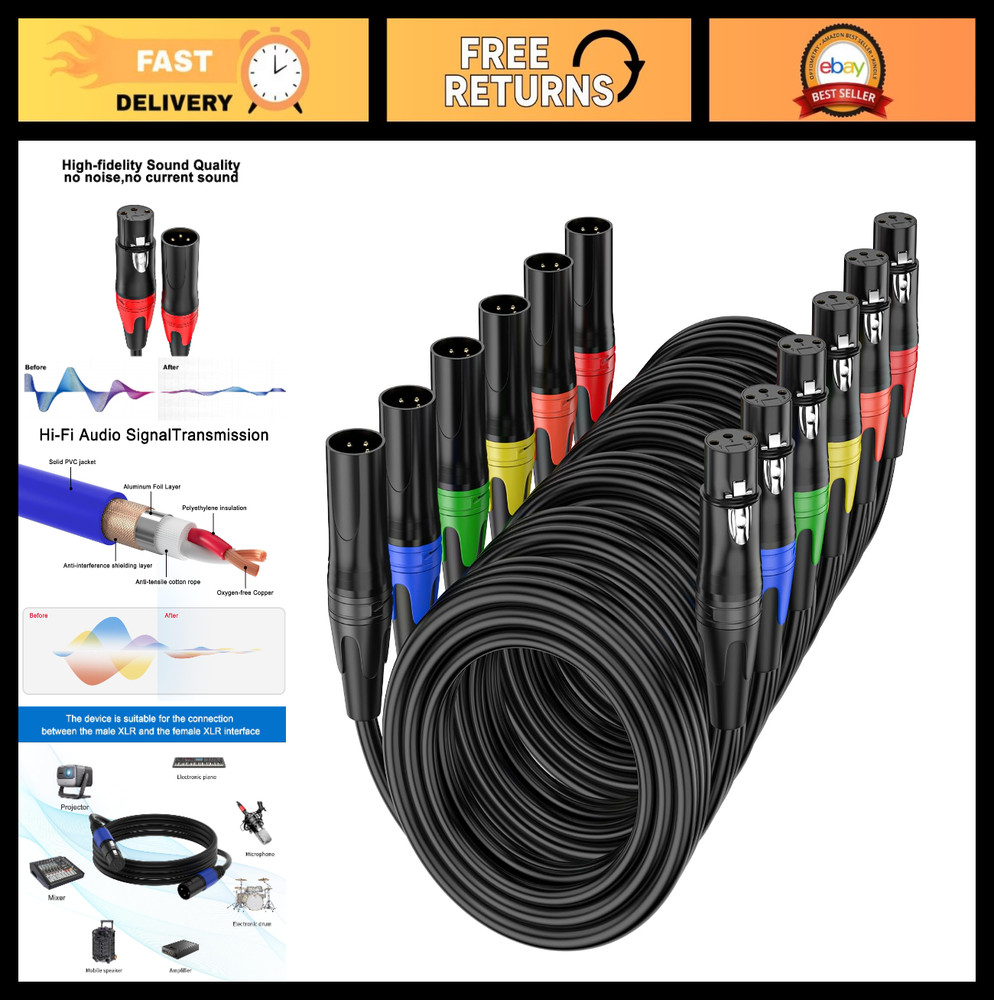 6 Pack 25FT XLR Male to Female Microphone Cables – Professional Balanced Audio L