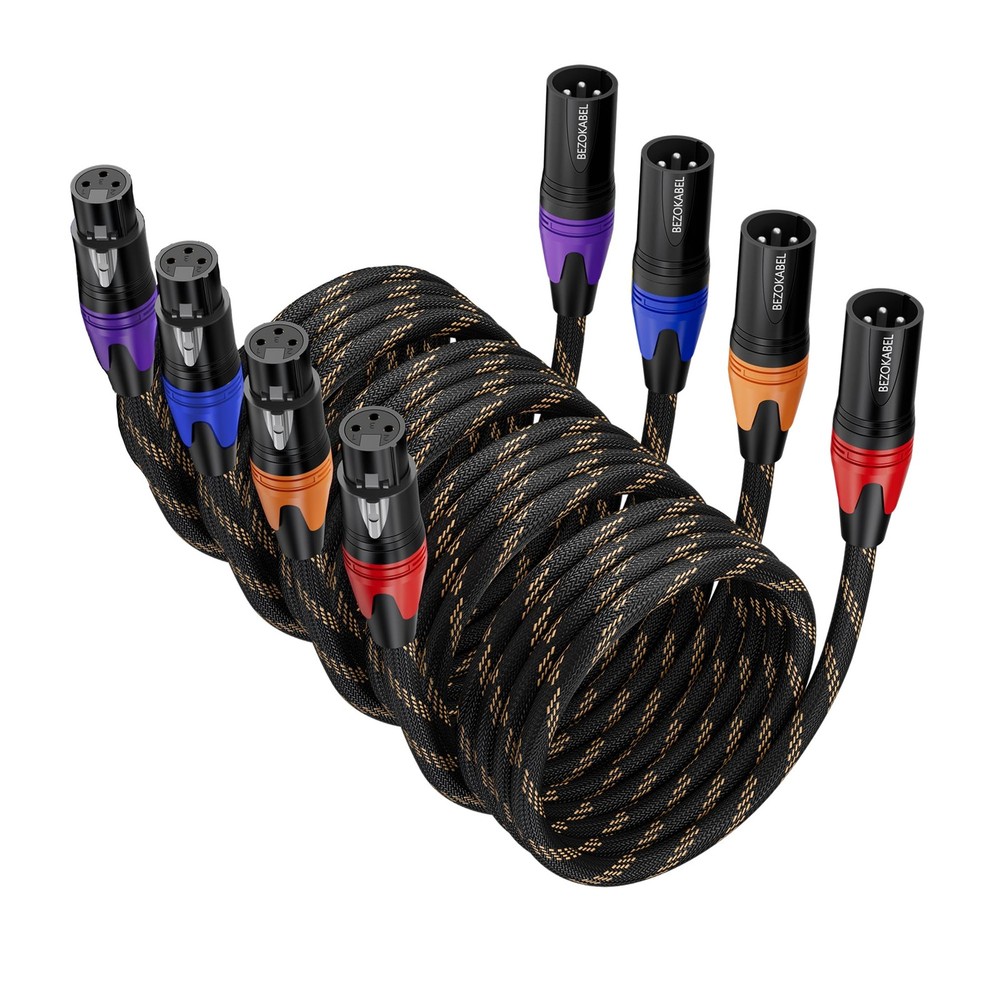 XLR Cable 15ft 4 Pack Nylon Braided 3 Pin Male to Female – Color Coded for Easy