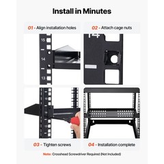 Steel 1U Server Rack Shelf 10in Deep, 50lb Capacity, Vented Design