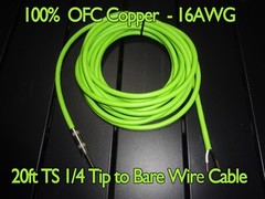 20 ft – TS 1/4 to Bare Wire OFC Copper 16AWG Pro Audio PA DJ Speaker Cable Cord