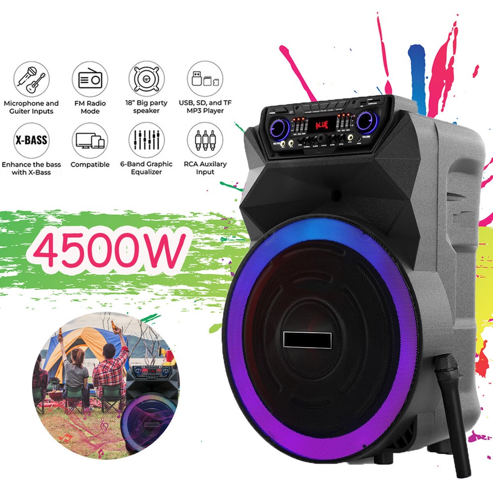 18″ Portable 4500Watt Party Speaker Rechargeable Heavy Bass Wireless Mic Remote