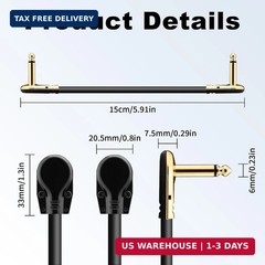 Right Angle 1/4″ 6.35mm Male to Male Guitar Cable 6 inch 22AWG Gold Flat 1/4 TS