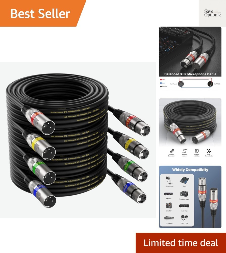 XLR Cable 10 ft 4 Pack – Stage Light DMX Cable, Balanced 3-Pin XLR Male to F…