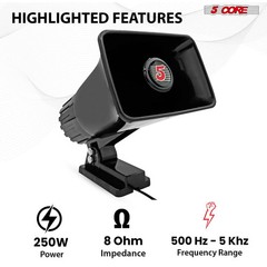 5Core 8 Inch PA Horn 250W Loud Speaker Bull Horn Loud Audio 8Ohm All Weather Use